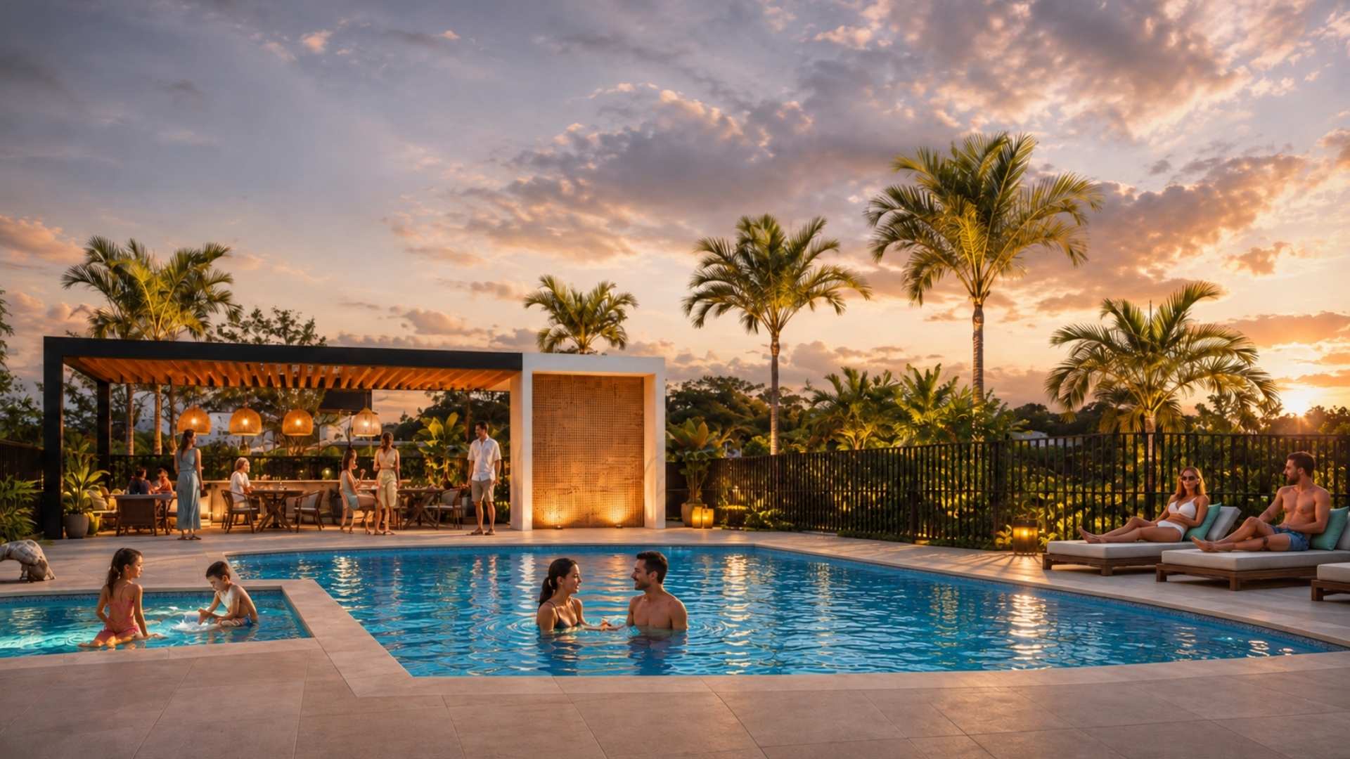 Imagen de referencia de piscina y zona social de los condominios